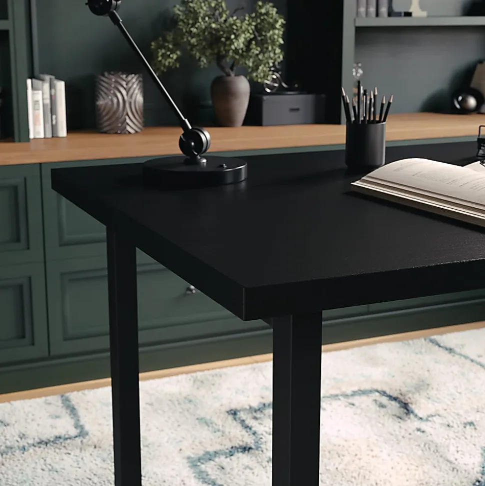 Martha Stewart Beckett 47.5"W Home Office Trestle Computer Desk With Shelves, Black Wood Grain
