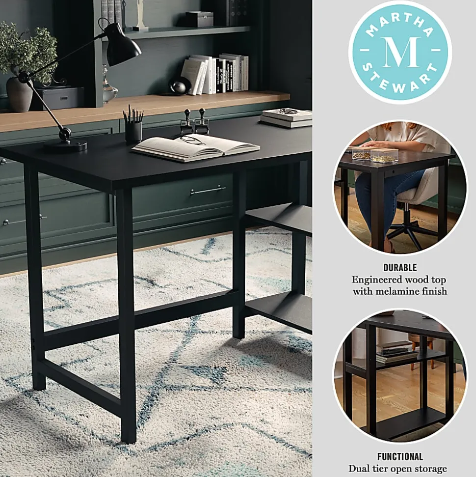 Martha Stewart Beckett 47.5"W Home Office Trestle Computer Desk With Shelves, Black Wood Grain