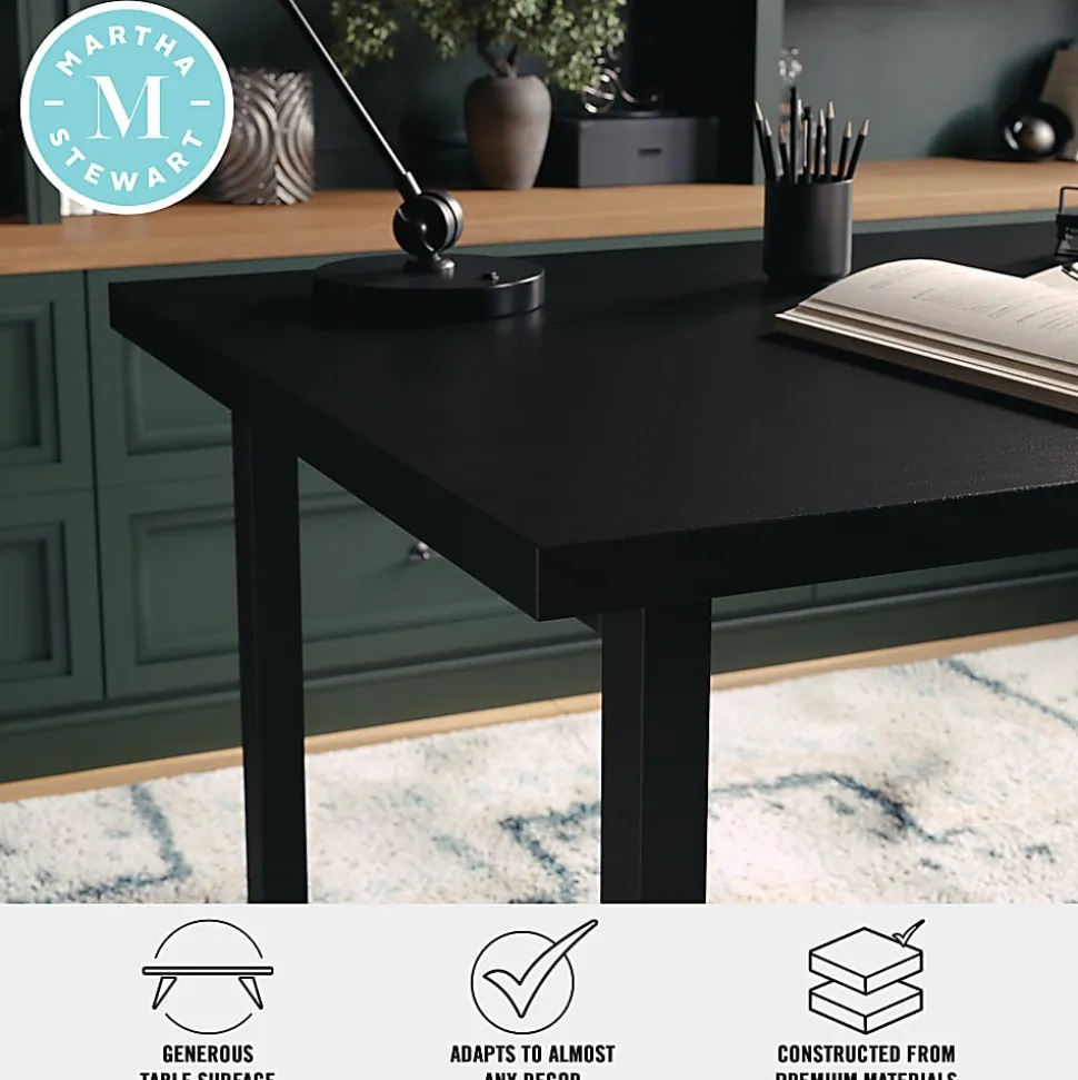 Martha Stewart Beckett 47.5"W Home Office Trestle Computer Desk With Shelves, Black Wood Grain