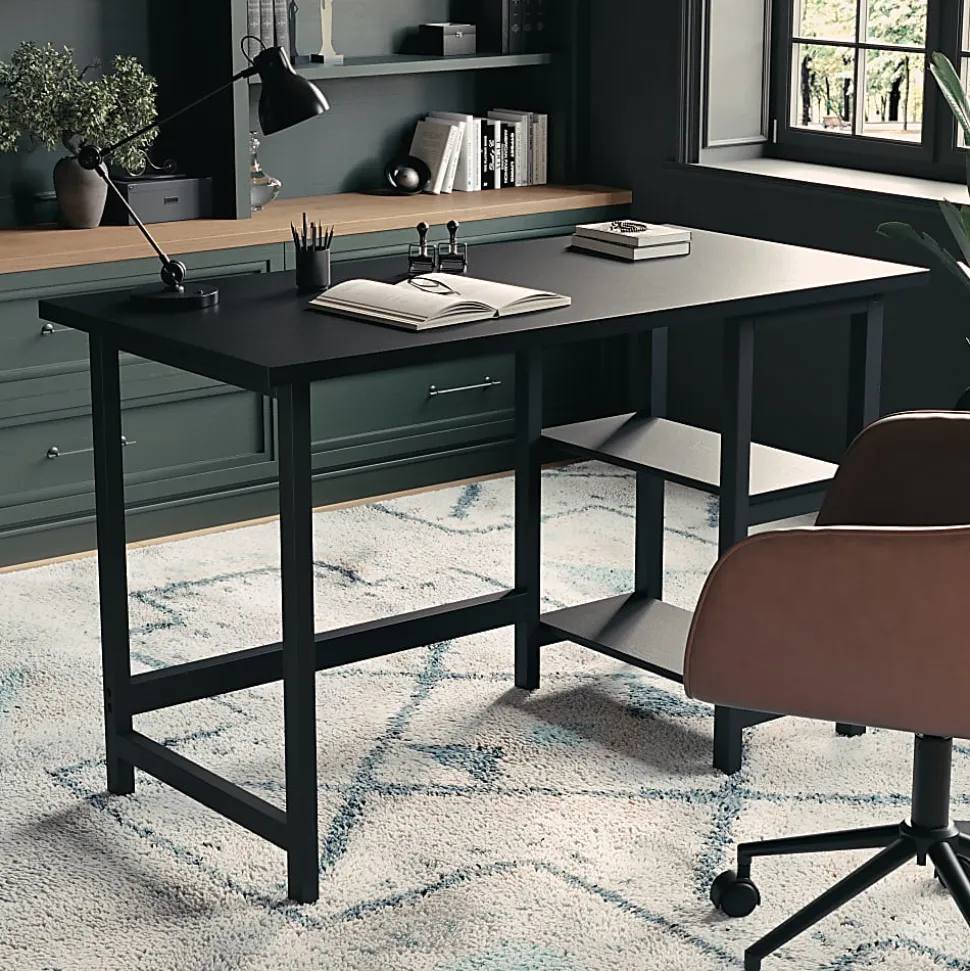 Martha Stewart Beckett 47.5"W Home Office Trestle Computer Desk With Shelves, Black Wood Grain