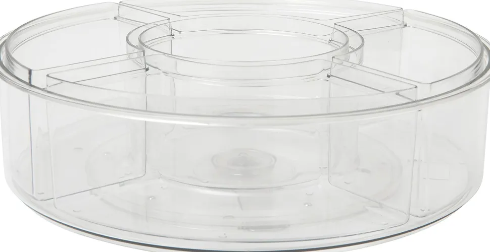 Martha Stewart Brody Divided Lazy Susan Organizer With 5 Removable Bins, 3-1/2"H x 11-3/4"W x 11-3/4"D, Clear