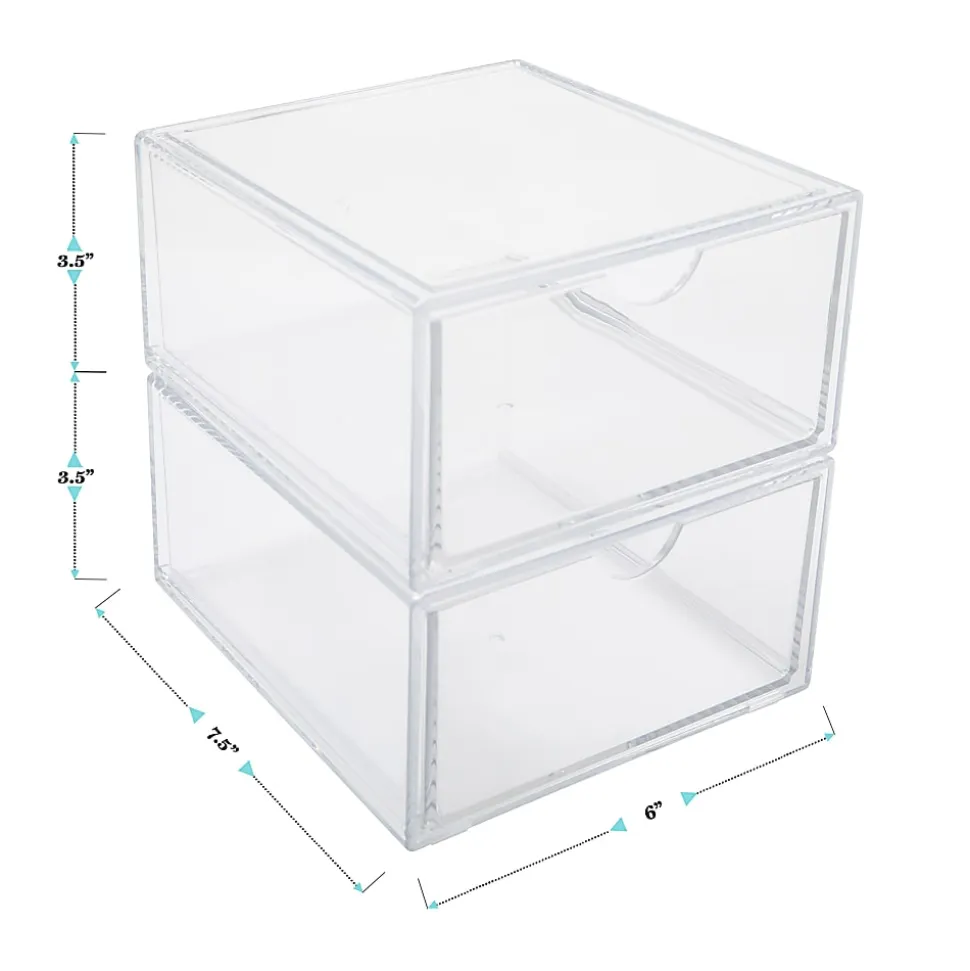 Martha Stewart Brody Plastic Stackable Office Desktop Organizer Boxes With Drawers, 3-1/2"H x 6"W x 7-1/2"D, Clear, Pack Of 2 Boxes