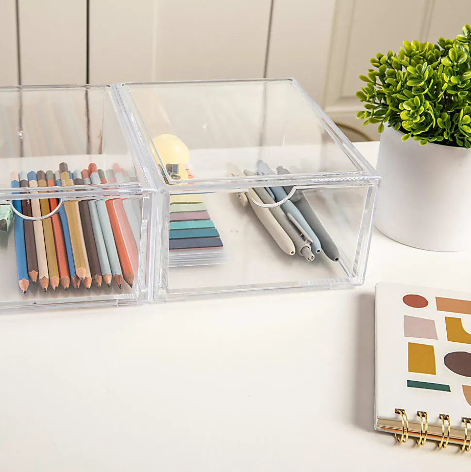 Martha Stewart Brody Plastic Stackable Office Desktop Organizer Boxes With Drawers, 3-1/2"H x 6"W x 7-1/2"D, Clear, Pack Of 2 Boxes