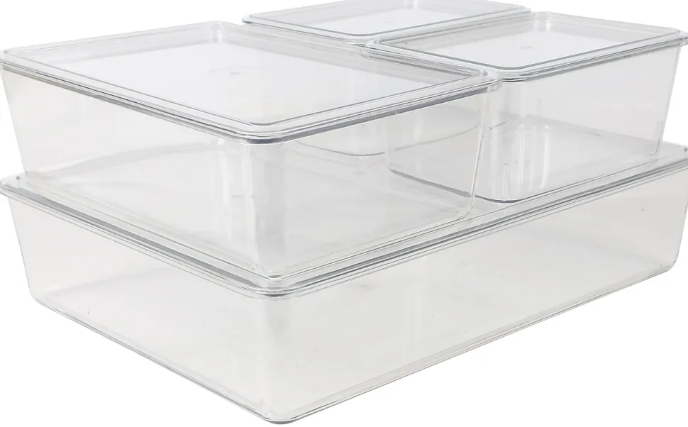 Martha Stewart Brody Stackable Plastic Storage Boxes With Lids, 3-1/4"H x 14"W x 10-1/2"D, Clear, Set Of 4 Boxes