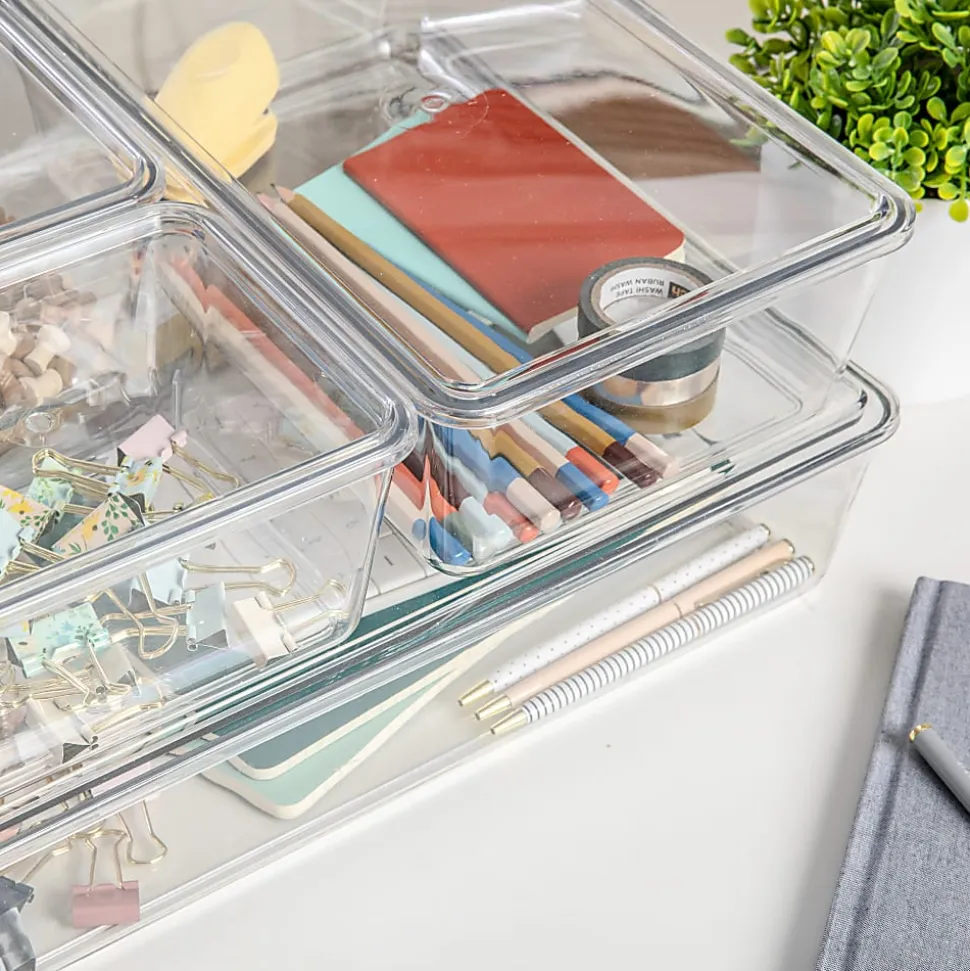 Martha Stewart Brody Stackable Plastic Storage Boxes With Lids, 3-1/4"H x 14"W x 10-1/2"D, Clear, Set Of 4 Boxes