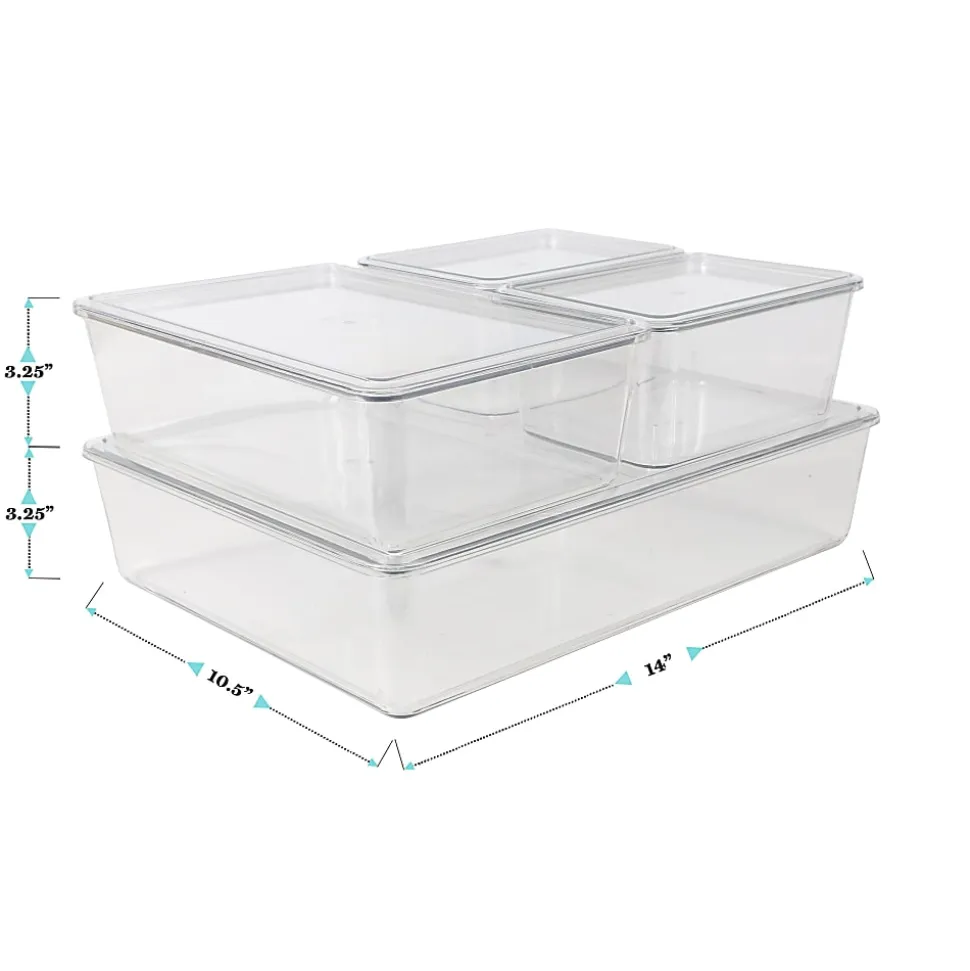 Martha Stewart Brody Stackable Plastic Storage Boxes With Lids, 3-1/4"H x 14"W x 10-1/2"D, Clear, Set Of 4 Boxes