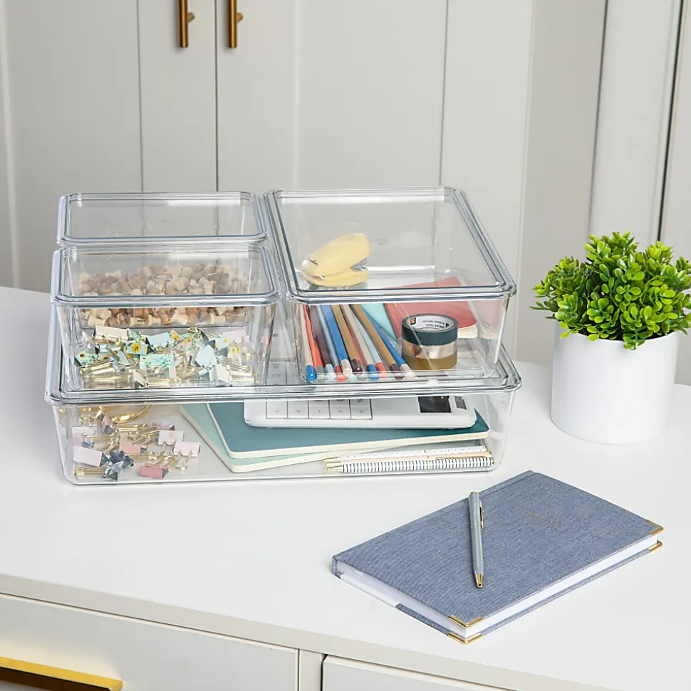 Martha Stewart Brody Stackable Plastic Storage Boxes With Lids, 3-1/4"H x 14"W x 10-1/2"D, Clear, Set Of 4 Boxes