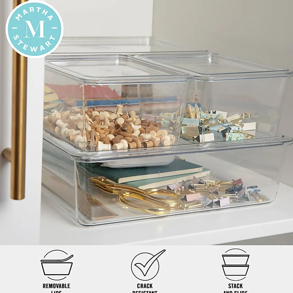 Martha Stewart Brody Stackable Plastic Storage Boxes With Lids, 3-1/4"H x 14"W x 10-1/2"D, Clear, Set Of 4 Boxes