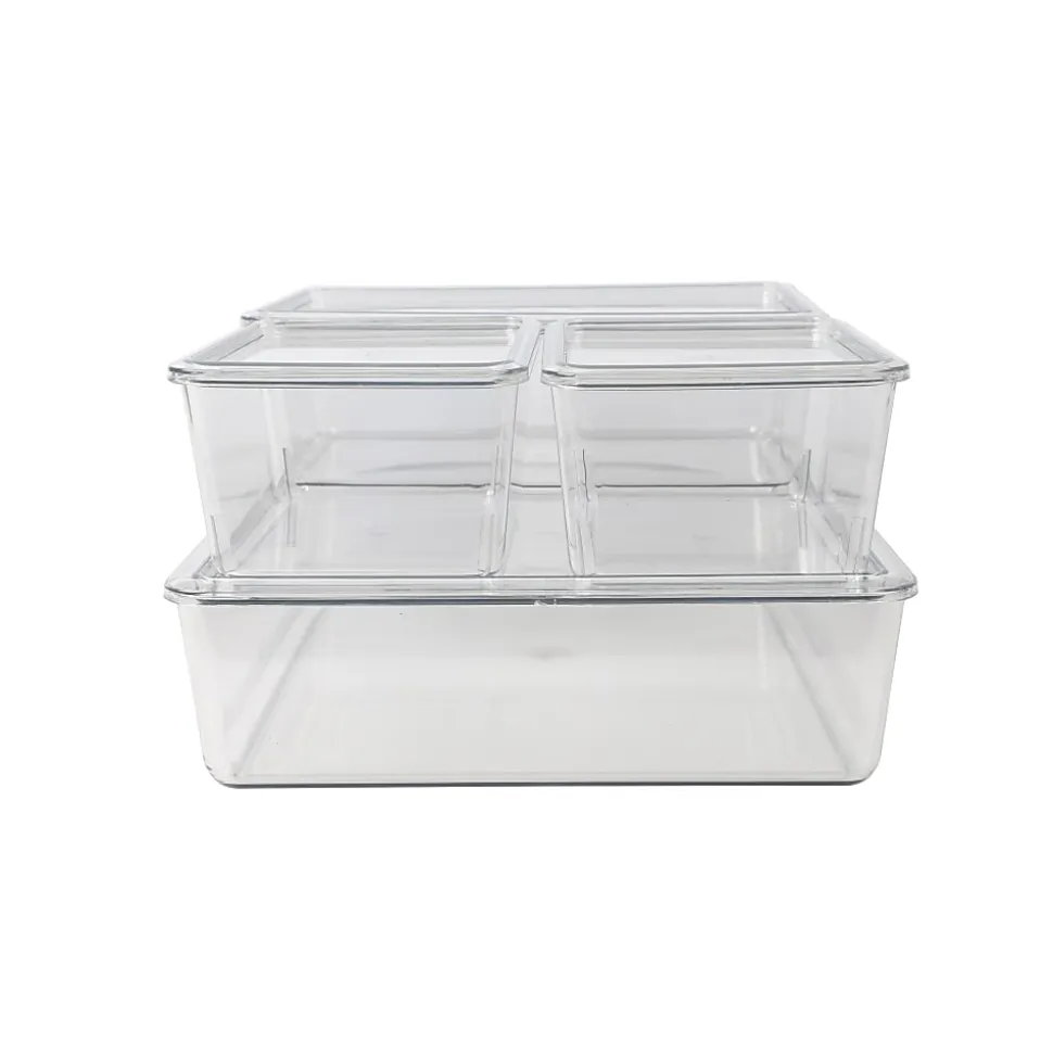 Martha Stewart Brody Stackable Plastic Storage Boxes With Lids, 3-1/4"H x 14"W x 10-1/2"D, Clear, Set Of 4 Boxes