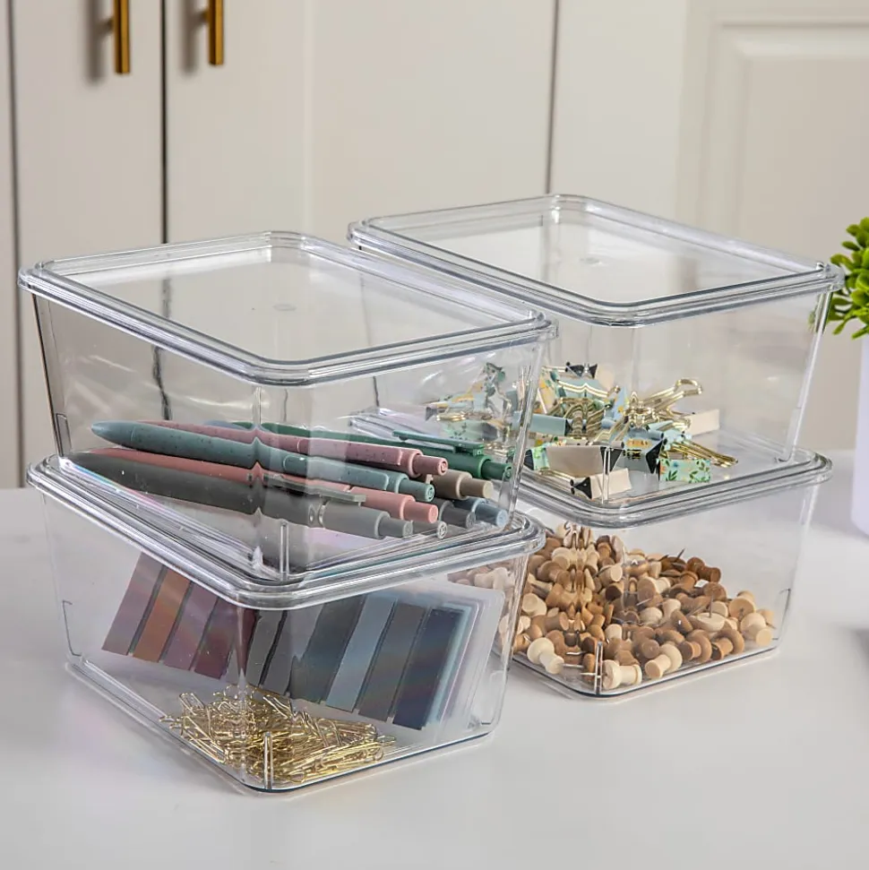 Martha Stewart Brody Stackable Plastic Storage Boxes With Lids, 3-1/4"H x 6-3/4"W x 5"D, Clear, Pack Of 4 Boxes