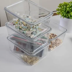 Martha Stewart Brody Stackable Plastic Storage Boxes With Lids, 3-1/4"H x 6-3/4"W x 5"D, Clear, Pack Of 4 Boxes