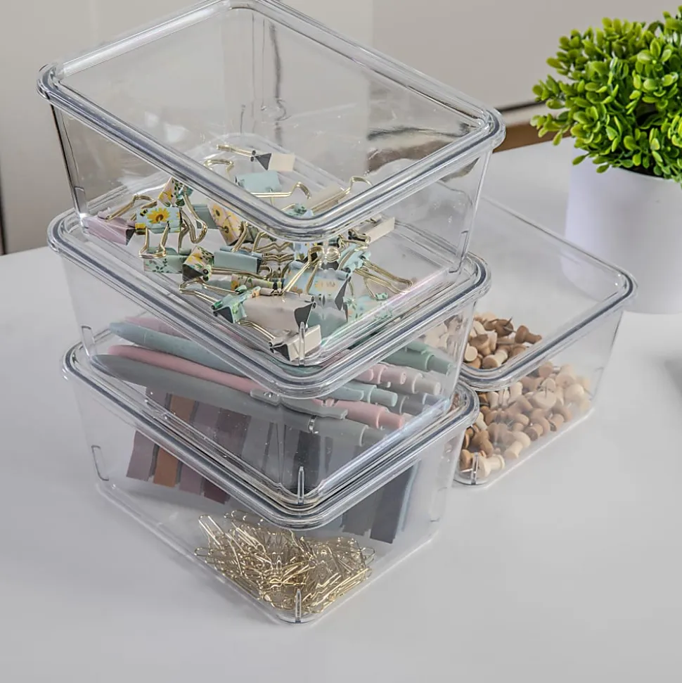 Martha Stewart Brody Stackable Plastic Storage Boxes With Lids, 3-1/4"H x 6-3/4"W x 5"D, Clear, Pack Of 4 Boxes
