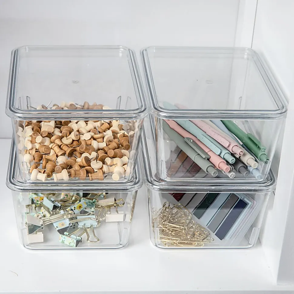 Martha Stewart Brody Stackable Plastic Storage Boxes With Lids, 3-1/4"H x 6-3/4"W x 5"D, Clear, Pack Of 4 Boxes