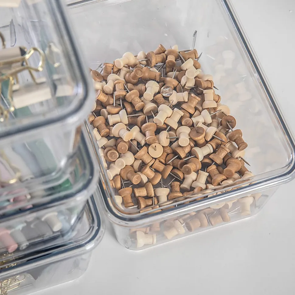 Martha Stewart Brody Stackable Plastic Storage Boxes With Lids, 3-1/4"H x 6-3/4"W x 5"D, Clear, Pack Of 4 Boxes