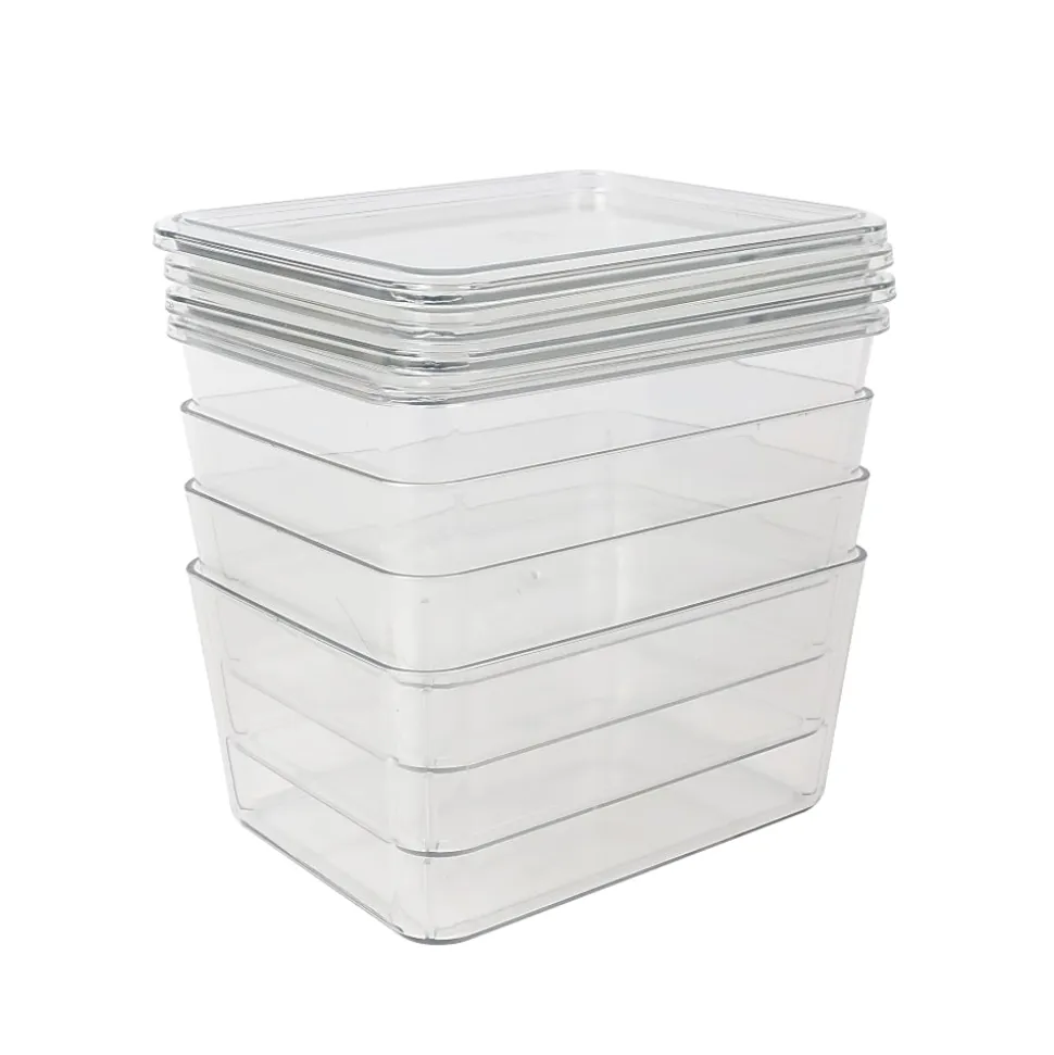 Martha Stewart Brody Stackable Plastic Storage Boxes With Lids, 3-1/4"H x 6-3/4"W x 5"D, Clear, Pack Of 4 Boxes