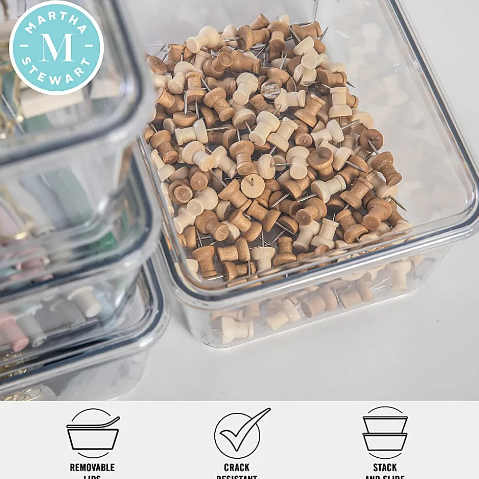 Martha Stewart Brody Stackable Plastic Storage Boxes With Lids, 3-1/4"H x 6-3/4"W x 5"D, Clear, Pack Of 4 Boxes