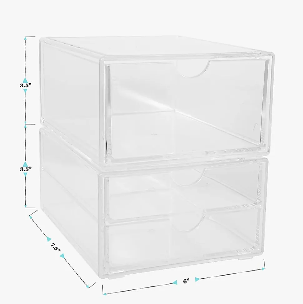 Martha Stewart Brody Stackable Plastic Office Desktop Organizer Boxes, 3-1/2"H x 6"W x 7-1/2"D, Clear, Set Of 2 Boxes