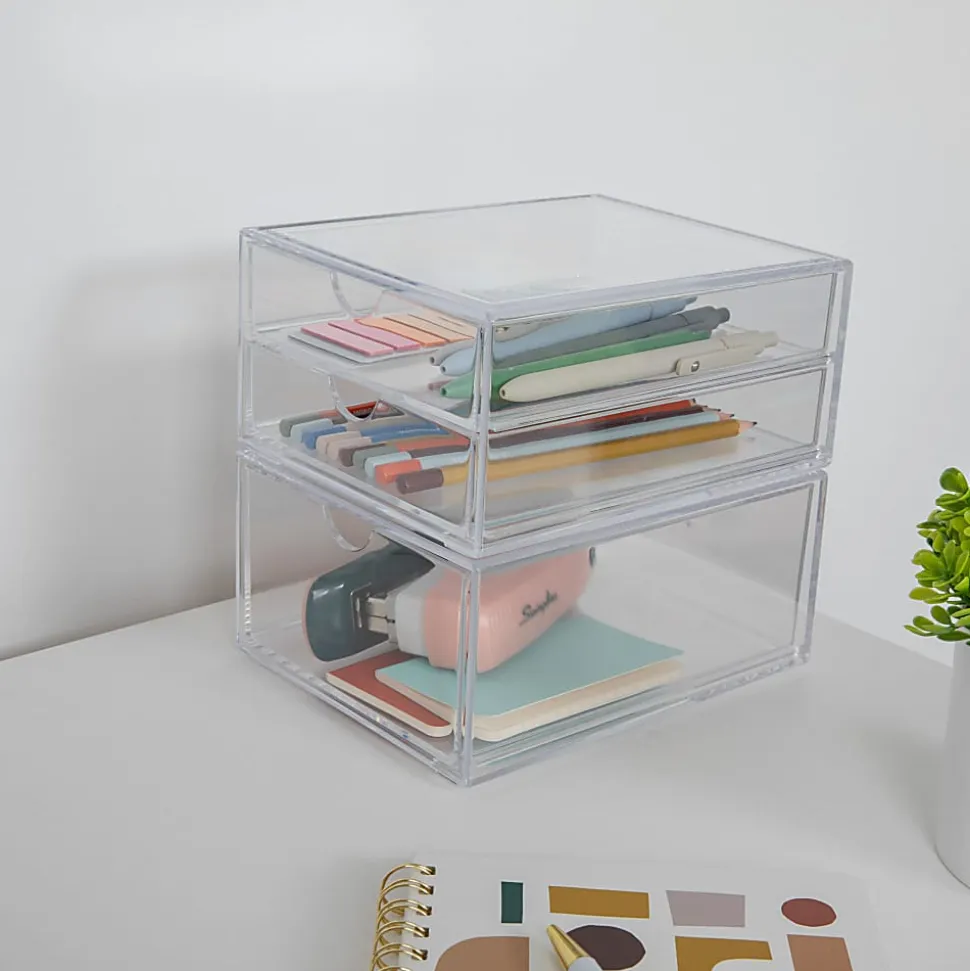 Martha Stewart Brody Stackable Plastic Office Desktop Organizer Boxes, 3-1/2"H x 6"W x 7-1/2"D, Clear, Set Of 2 Boxes