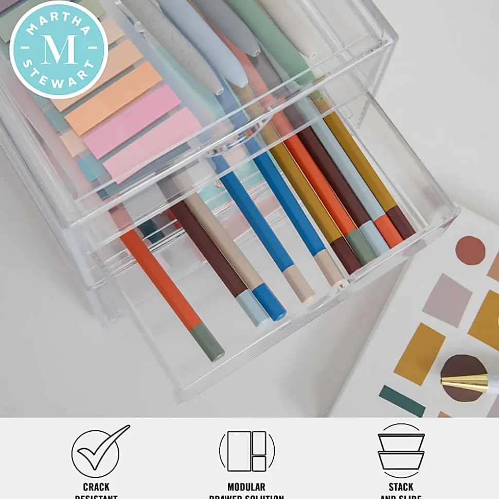 Martha Stewart Brody Stackable Plastic Office Desktop Organizer Boxes, 3-1/2"H x 6"W x 7-1/2"D, Clear, Set Of 2 Boxes