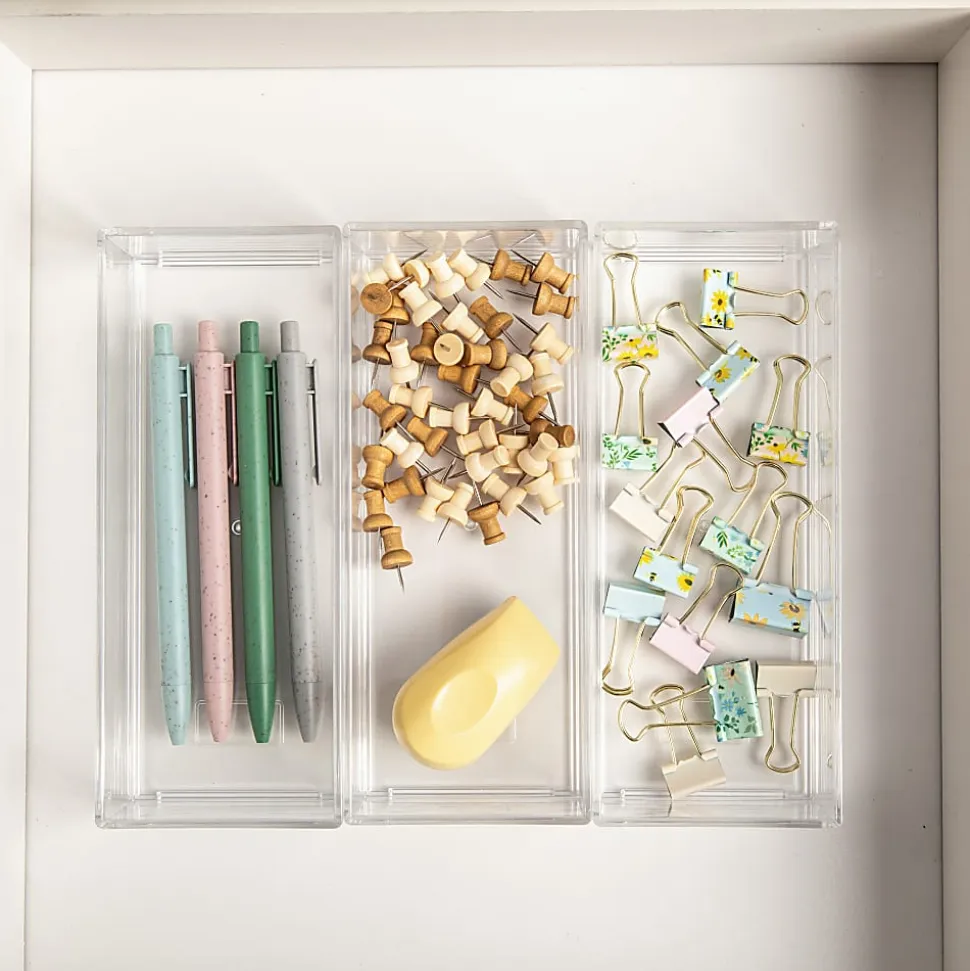 Martha Stewart Brody Stack & Slide Plastic Tray Office Desktop Organizers, 2"H x 3"W x 7-1/2"D, Clear, Pack Of 3 Organizers
