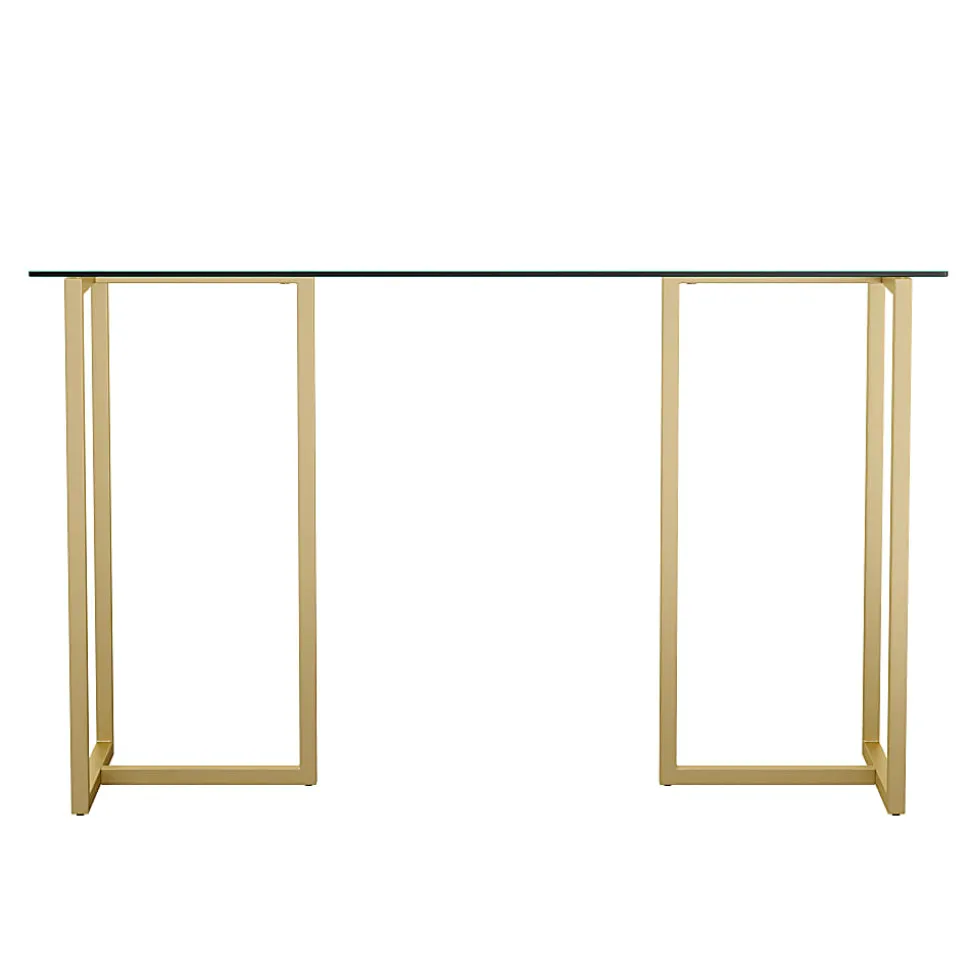 Martha Stewart Eli 47.25"W Home Office Glass Top Computer Desk With Metal Frame, Clear/Polished Brass
