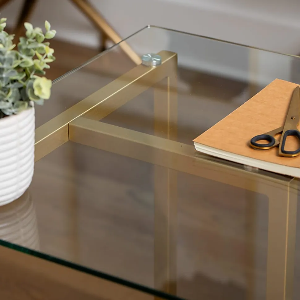 Martha Stewart Eli 47.25"W Home Office Glass Top Computer Desk With Metal Frame, Clear/Polished Brass