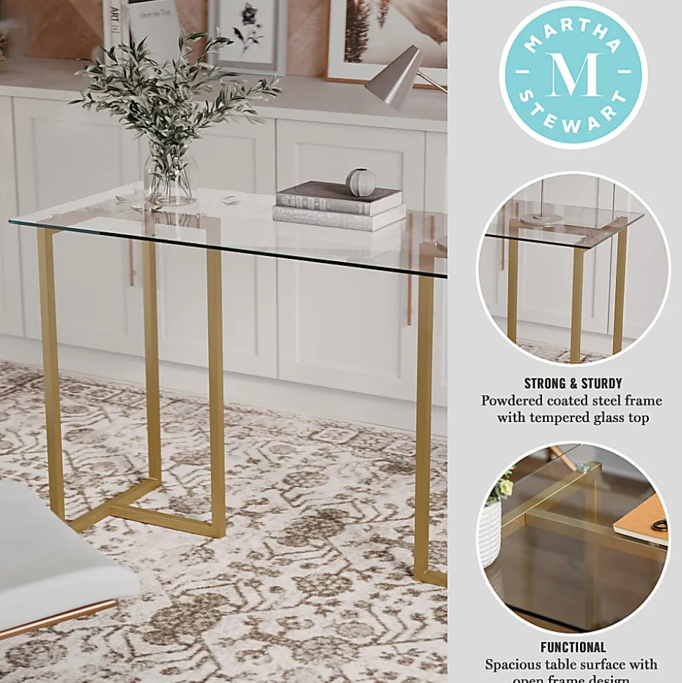 Martha Stewart Eli 47.25"W Home Office Glass Top Computer Desk With Metal Frame, Clear/Polished Brass