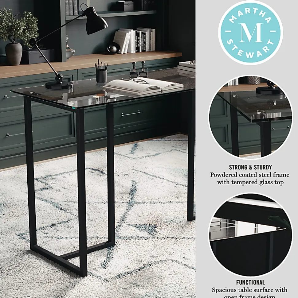 Martha Stewart Eli 47.25"W Home Office Glass Top Computer Desk With Metal Frame, Clear/Oil Rubbed Bronze