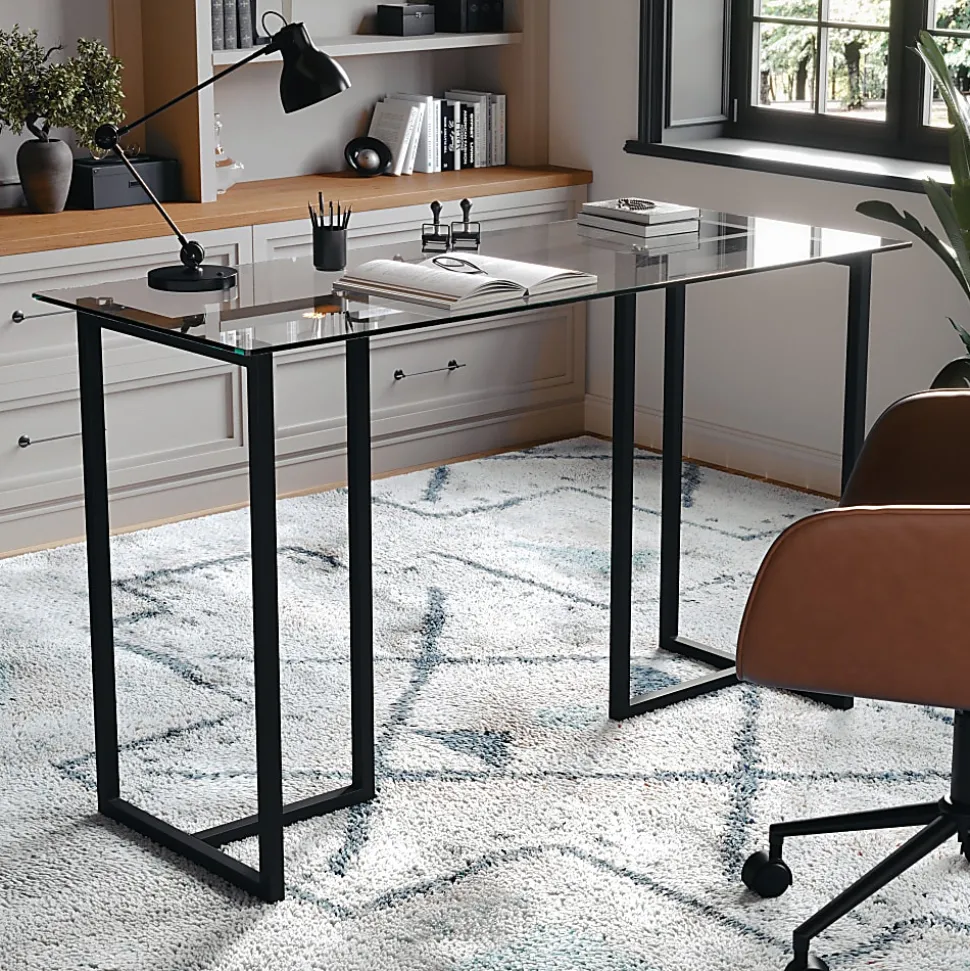 Martha Stewart Eli 47.25"W Home Office Glass Top Computer Desk With Metal Frame, Clear/Oil Rubbed Bronze