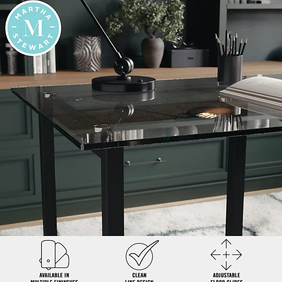 Martha Stewart Eli 47.25"W Home Office Glass Top Computer Desk With Metal Frame, Clear/Oil Rubbed Bronze