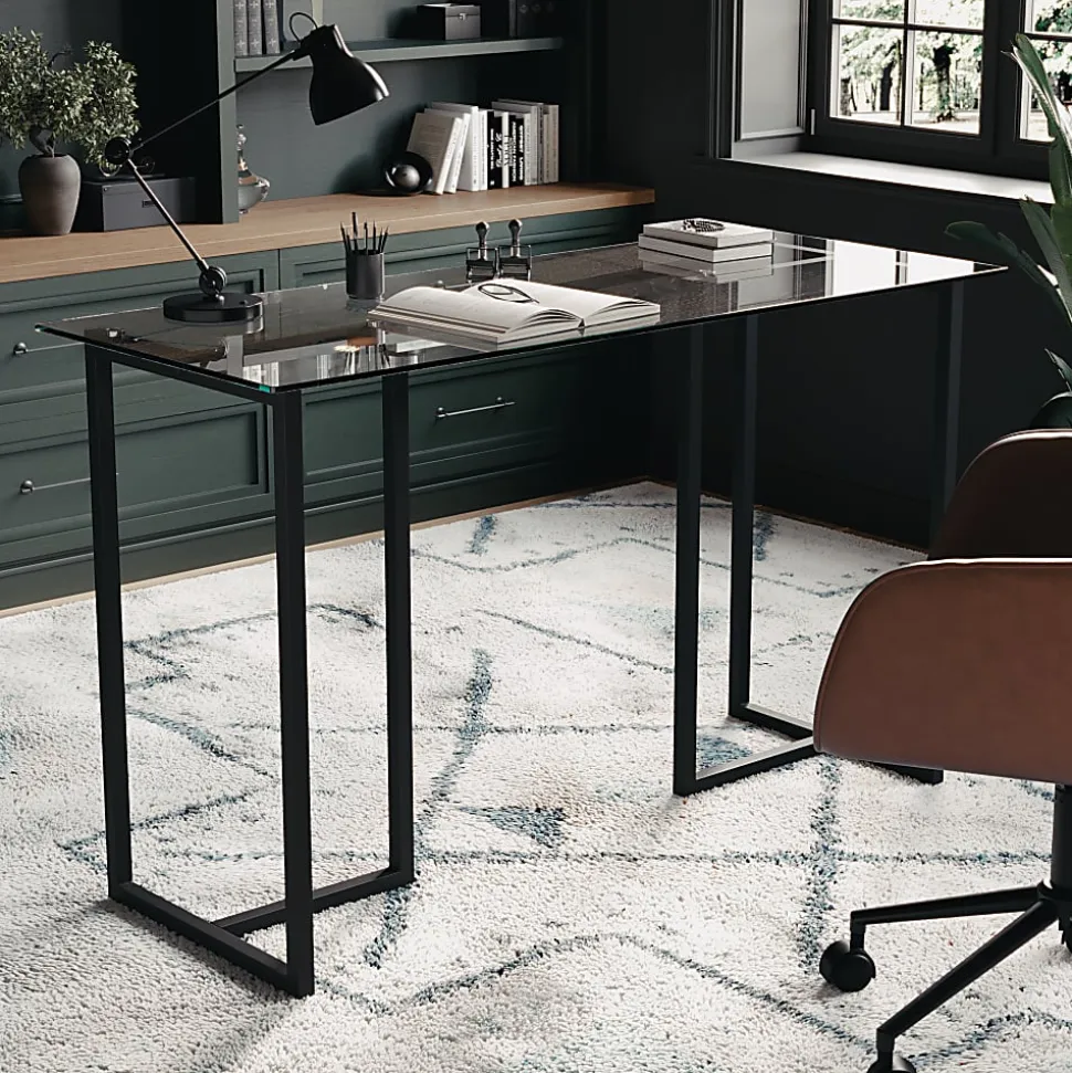 Martha Stewart Eli 47.25"W Home Office Glass Top Computer Desk With Metal Frame, Clear/Oil Rubbed Bronze