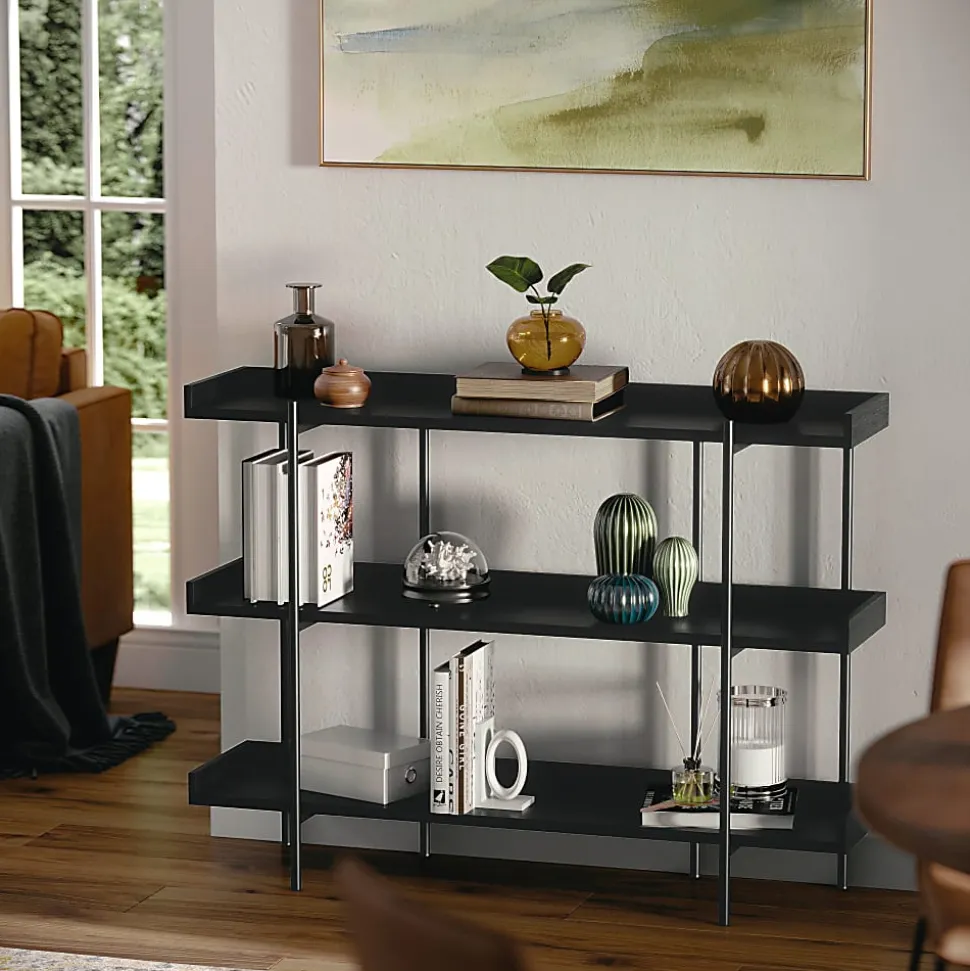 Martha Stewart Emmett 37"H 3-Shelf Storage Display Unit Bookcase With Metal Frame, Black Wood Grain/Oil Rubbed Bronze