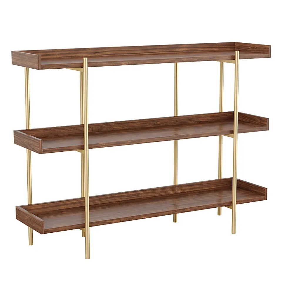 Martha Stewart Emmett 37"H 3-Shelf Storage Display Unit Bookcase With Metal Frame, Walnut Wood Grain/Polished Brass