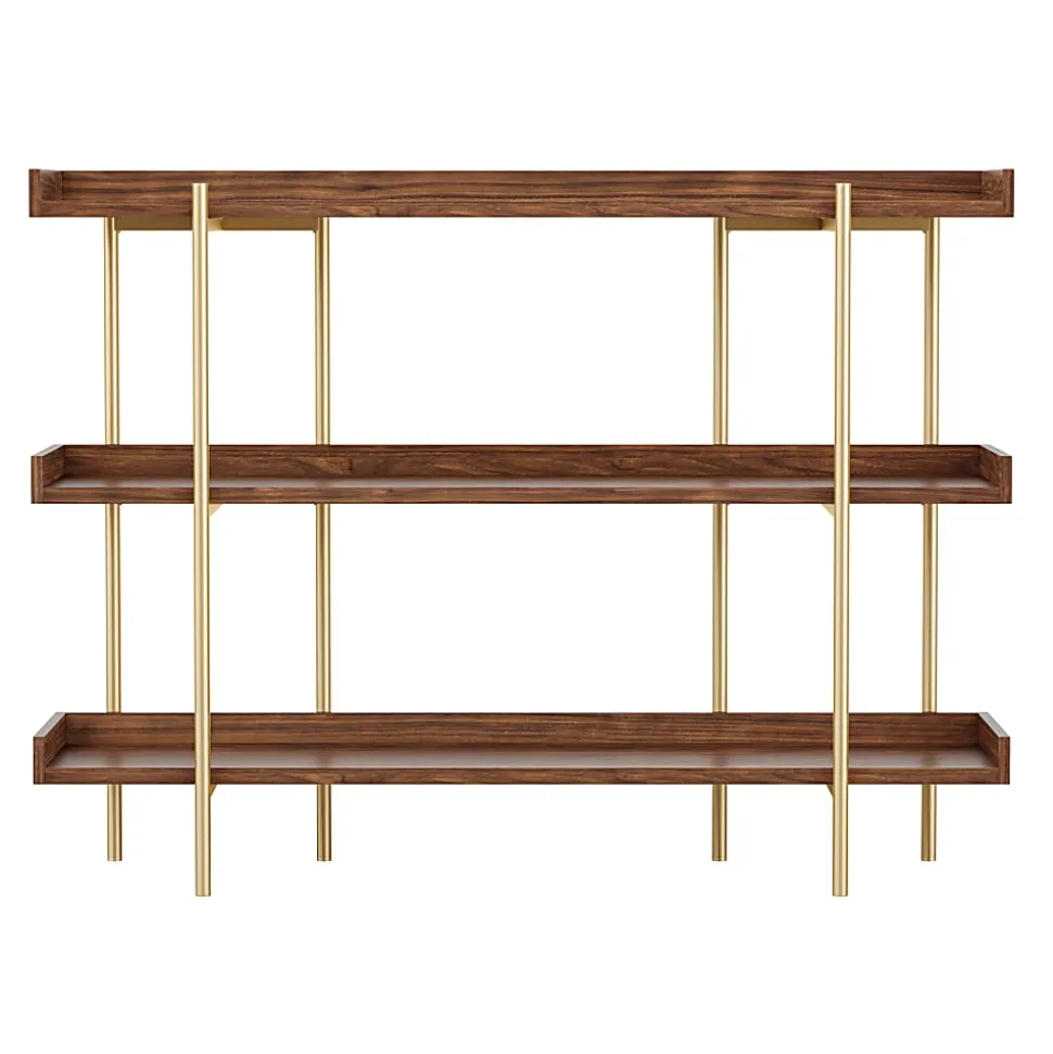 Martha Stewart Emmett 37"H 3-Shelf Storage Display Unit Bookcase With Metal Frame, Walnut Wood Grain/Polished Brass