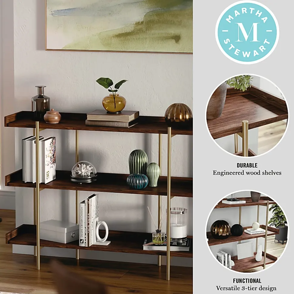 Martha Stewart Emmett 37"H 3-Shelf Storage Display Unit Bookcase With Metal Frame, Walnut Wood Grain/Polished Brass