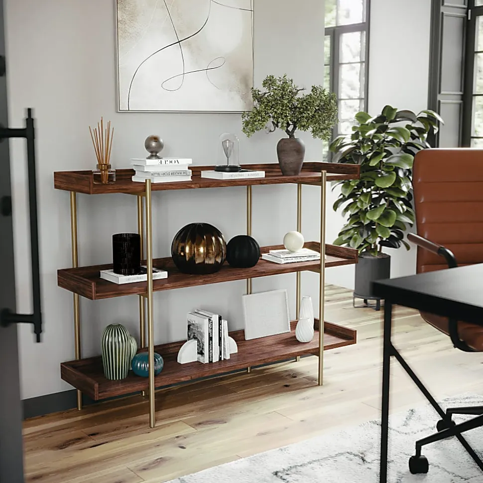 Martha Stewart Emmett 37"H 3-Shelf Storage Display Unit Bookcase With Metal Frame, Walnut Wood Grain/Polished Brass