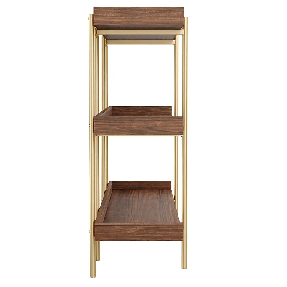 Martha Stewart Emmett 37"H 3-Shelf Storage Display Unit Bookcase With Metal Frame, Walnut Wood Grain/Polished Brass