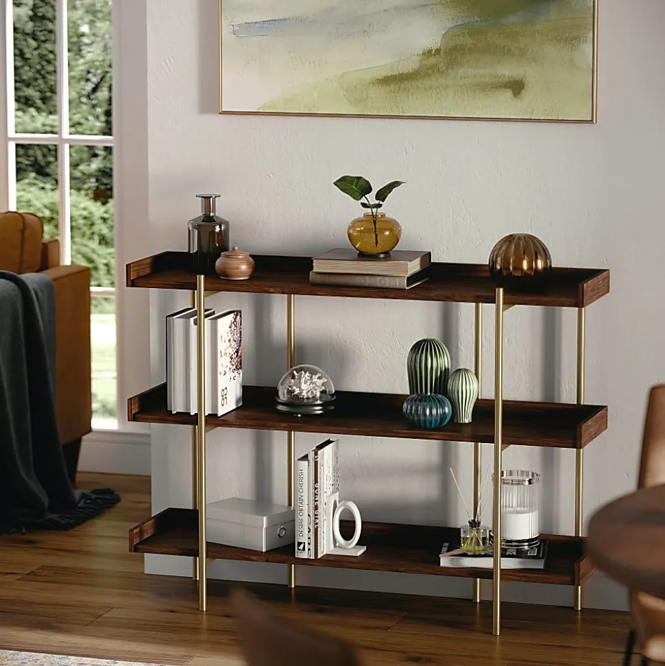 Martha Stewart Emmett 37"H 3-Shelf Storage Display Unit Bookcase With Metal Frame, Walnut Wood Grain/Polished Brass