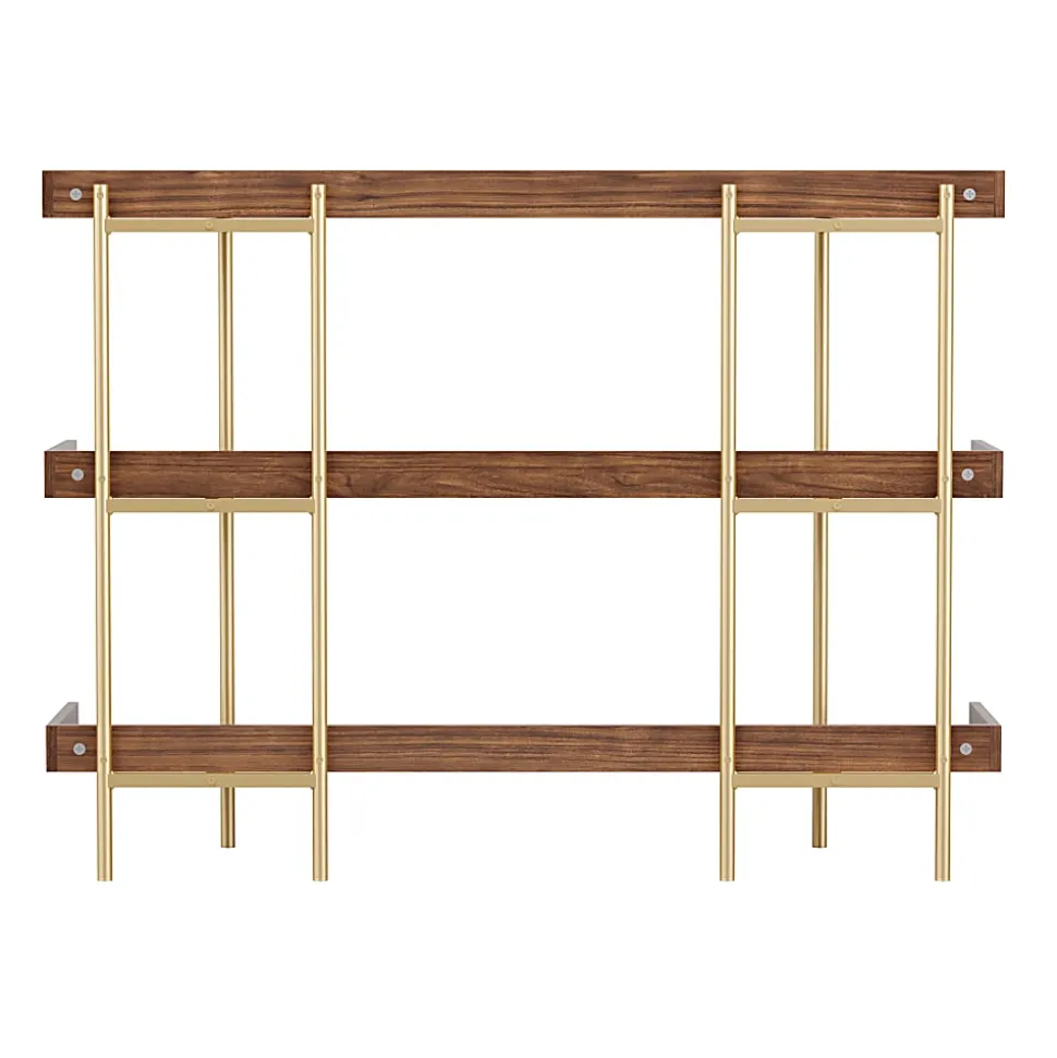Martha Stewart Emmett 37"H 3-Shelf Storage Display Unit Bookcase With Metal Frame, Walnut Wood Grain/Polished Brass