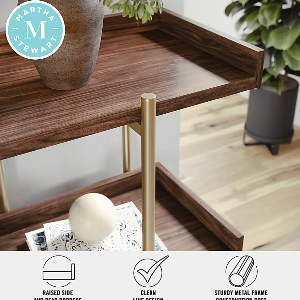 Martha Stewart Emmett 37"H 3-Shelf Storage Display Unit Bookcase With Metal Frame, Walnut Wood Grain/Polished Brass