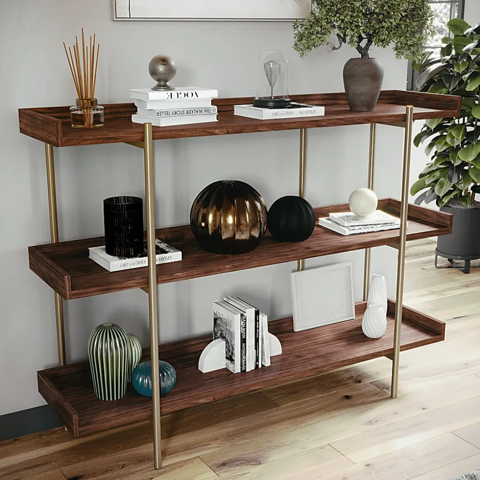 Martha Stewart Emmett 37"H 3-Shelf Storage Display Unit Bookcase With Metal Frame, Walnut Wood Grain/Polished Brass