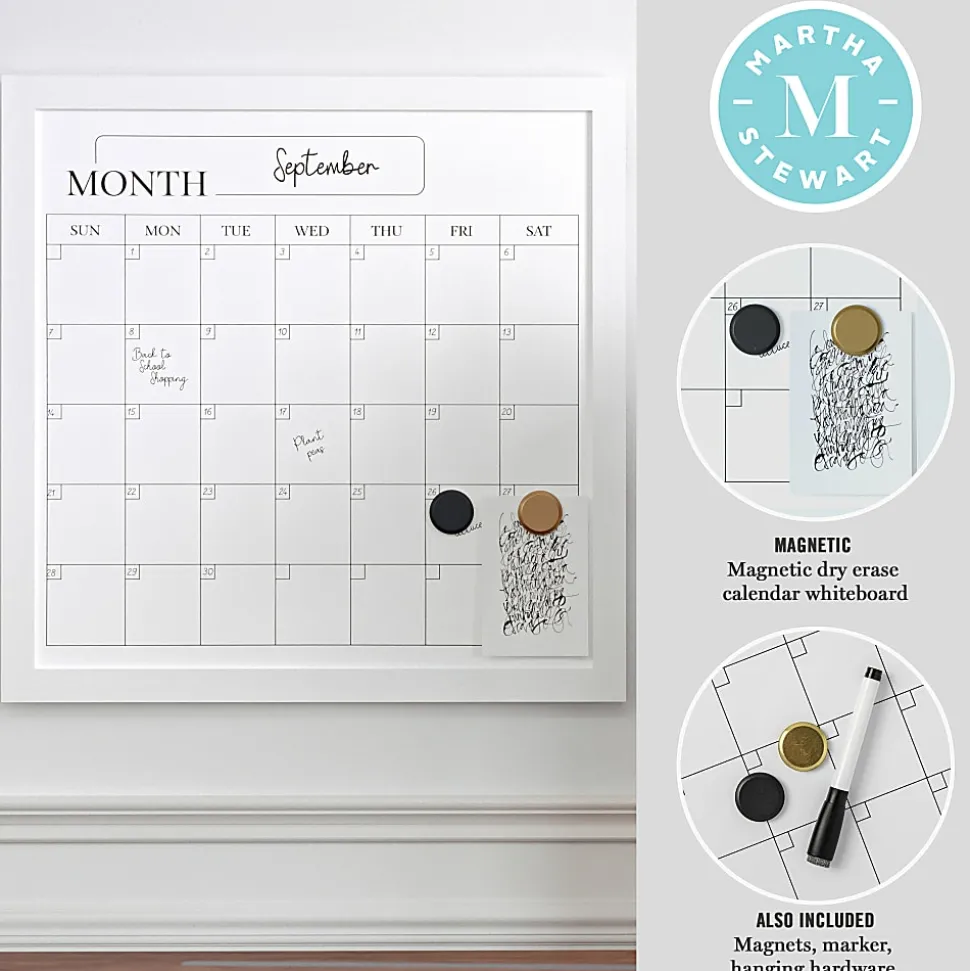 Martha Stewart Everette Magnetic Monthly Calendar Dry-Erase Board, 18" x 18", White Wood Grain