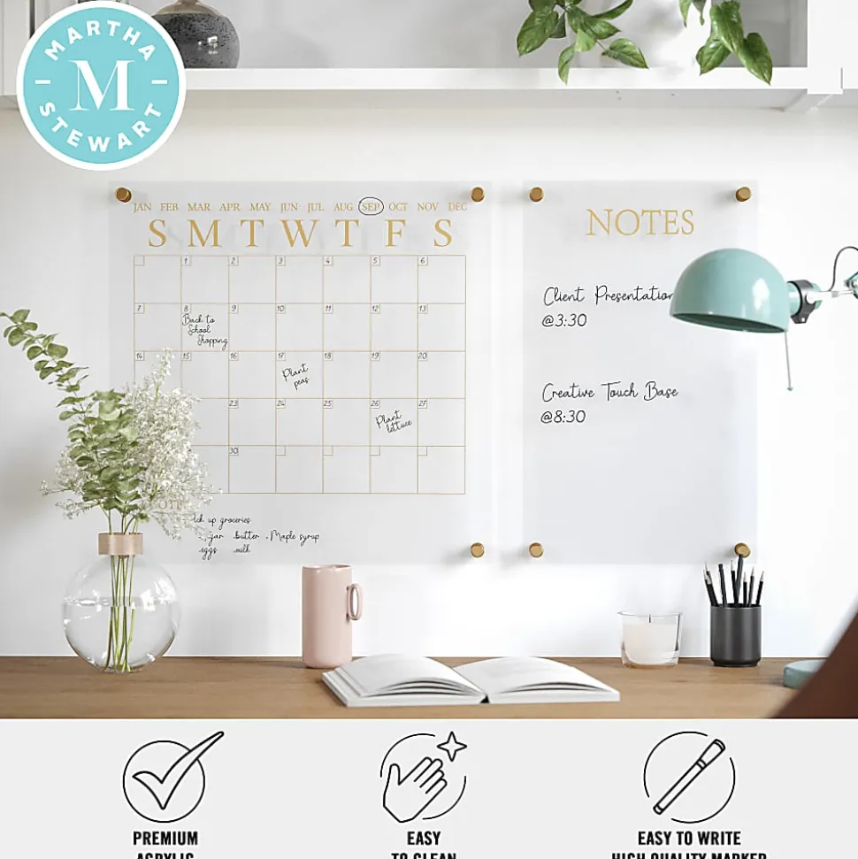 Martha Stewart Grayson Acrylic Monthly Wall Calendar And Notes Board, 18" x 18", Clear/Gold, Undated