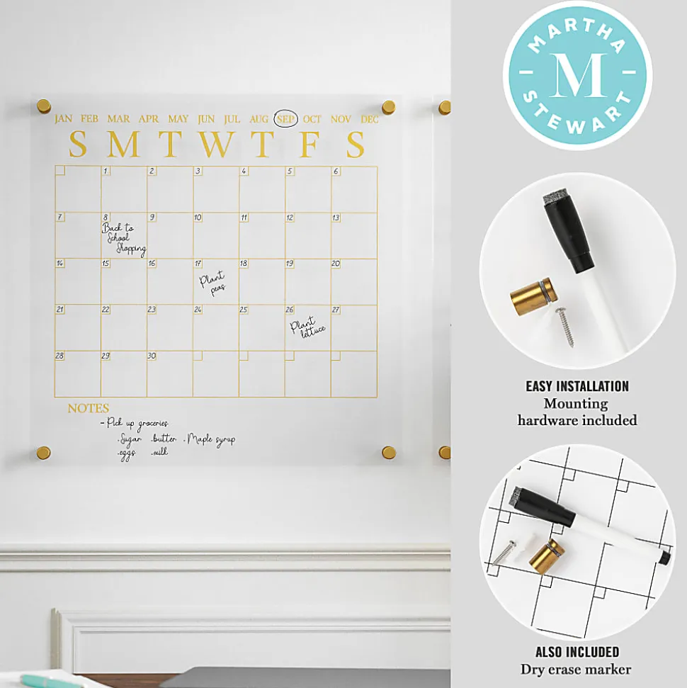 Martha Stewart Grayson Acrylic Monthly Wall Calendar And Notes Board, 18" x 18", Clear/Gold, Undated
