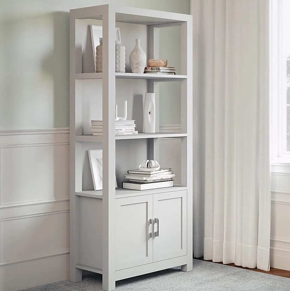 Martha Stewart Hutton 68"H 4-Shelf Shaker Bookcase With Storage Cabinet, Gray/Brushed Nickel