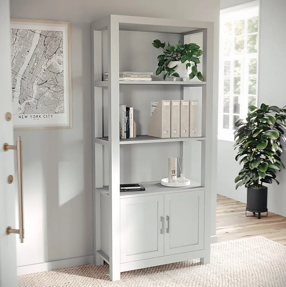 Martha Stewart Hutton 68"H 4-Shelf Shaker Bookcase With Storage Cabinet, Gray/Brushed Nickel