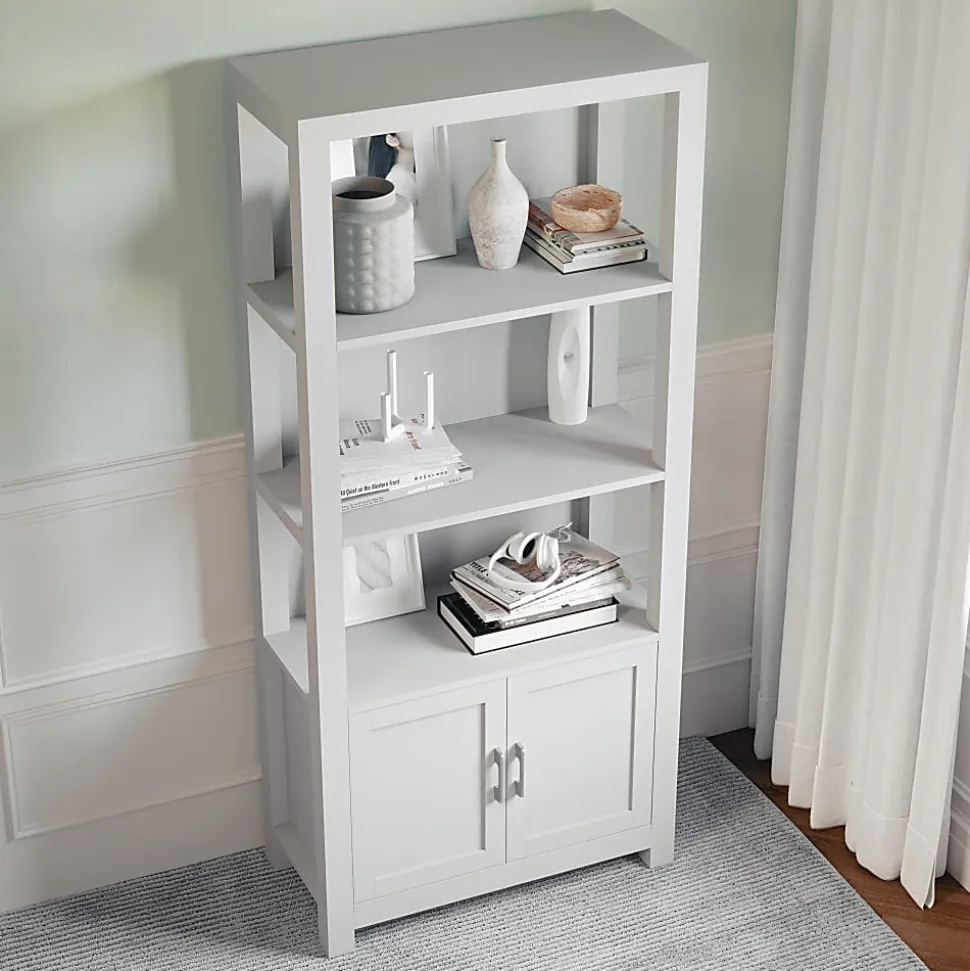 Martha Stewart Hutton 68"H 4-Shelf Shaker Bookcase With Storage Cabinet, Gray/Brushed Nickel