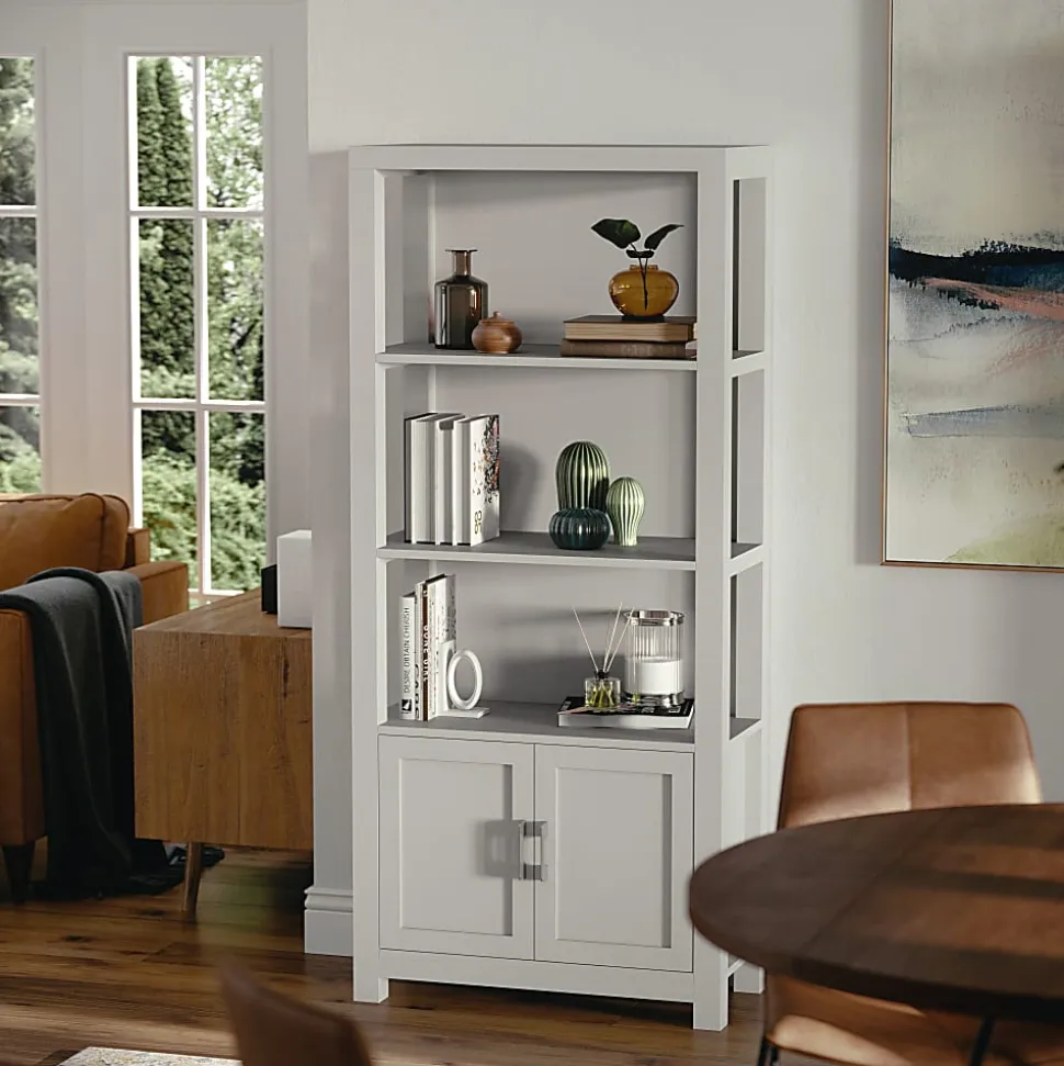 Martha Stewart Hutton 68"H 4-Shelf Shaker Bookcase With Storage Cabinet, Gray/Brushed Nickel
