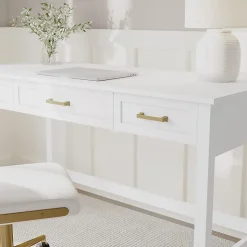 Martha Stewart Hutton Shaker Style Home Office 3 Drawer Desk, White Frame/Polished Brass Hardware