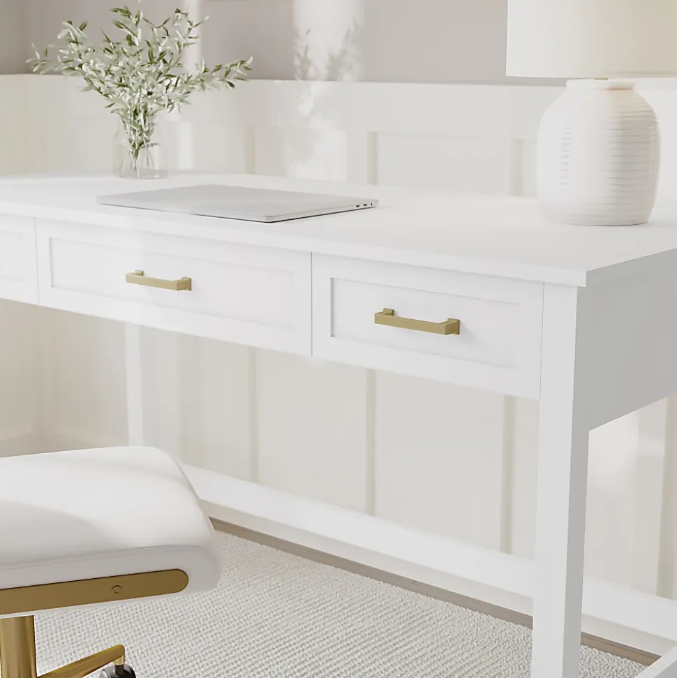 Martha Stewart Hutton Shaker Style Home Office 3 Drawer Desk, White Frame/Polished Brass Hardware